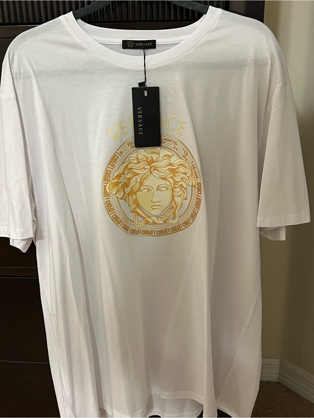 Versace White Short Sleeve Tee with Gold Medusa Logo